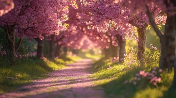 粉色樱花树林小路