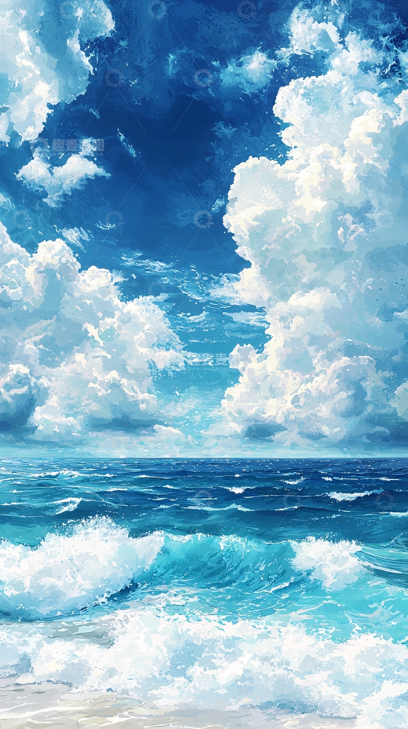 高清大图下载【趣麦麦图】蓝天白云下的海浪波涛