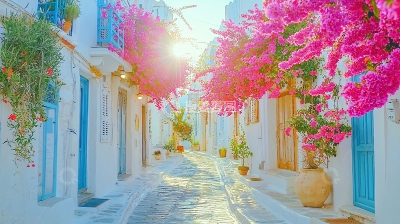 高清大图下载【趣麦麦图】阳光明媚的希腊小巷
