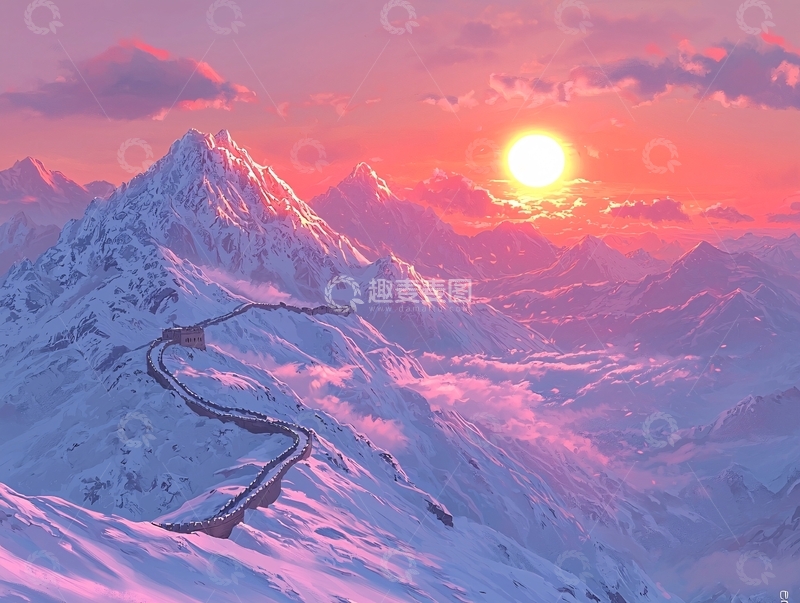 高清大图下载【趣麦麦图】雪山公路落日