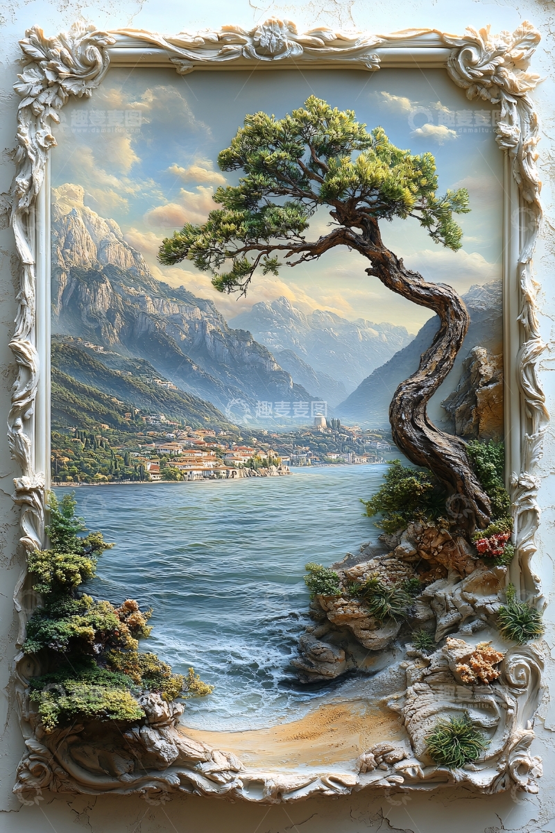高清大图下载【趣麦麦图】湖边山景与古树的油画