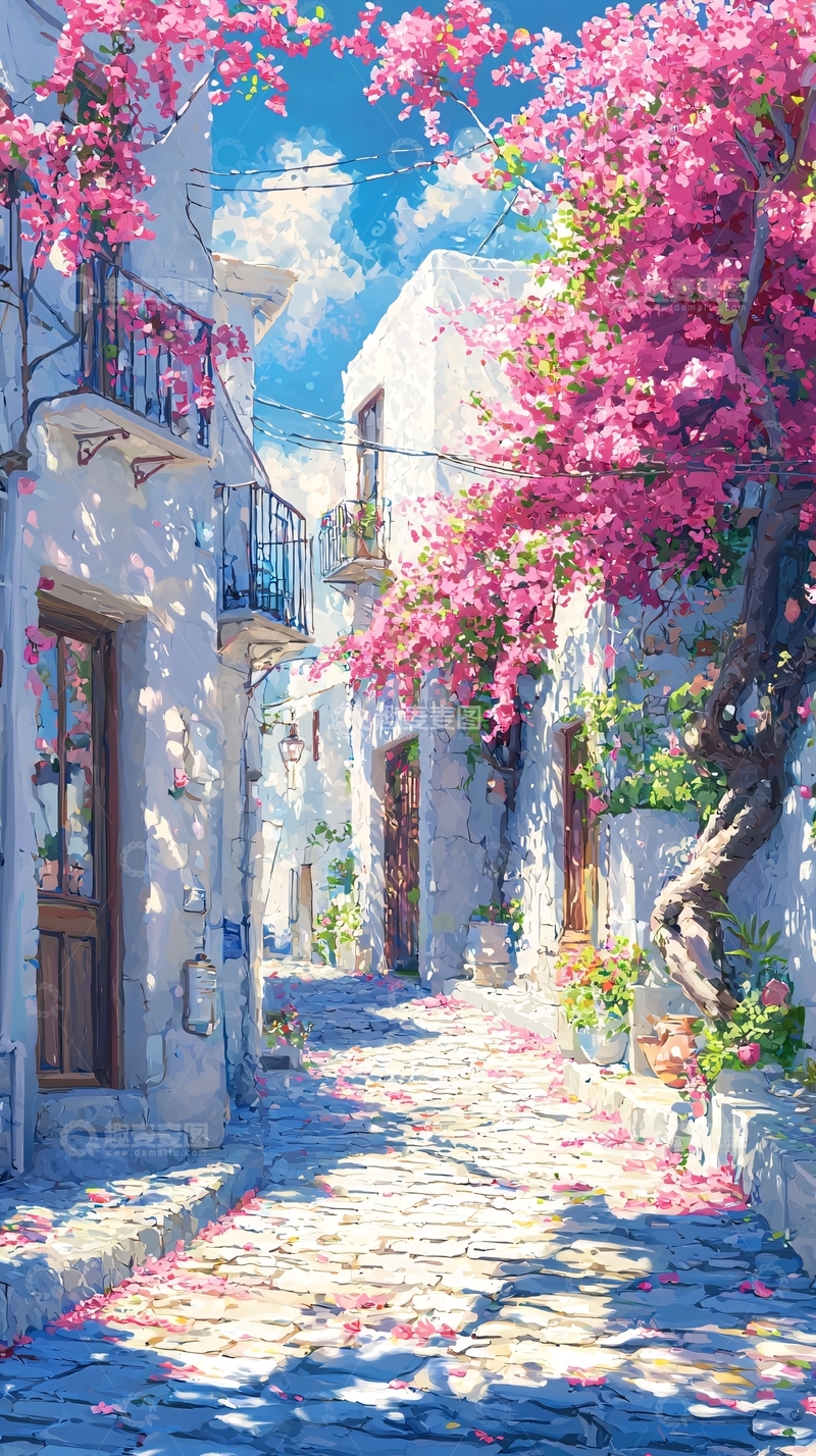 高清大图下载【趣麦麦图】阳光下的粉色花街