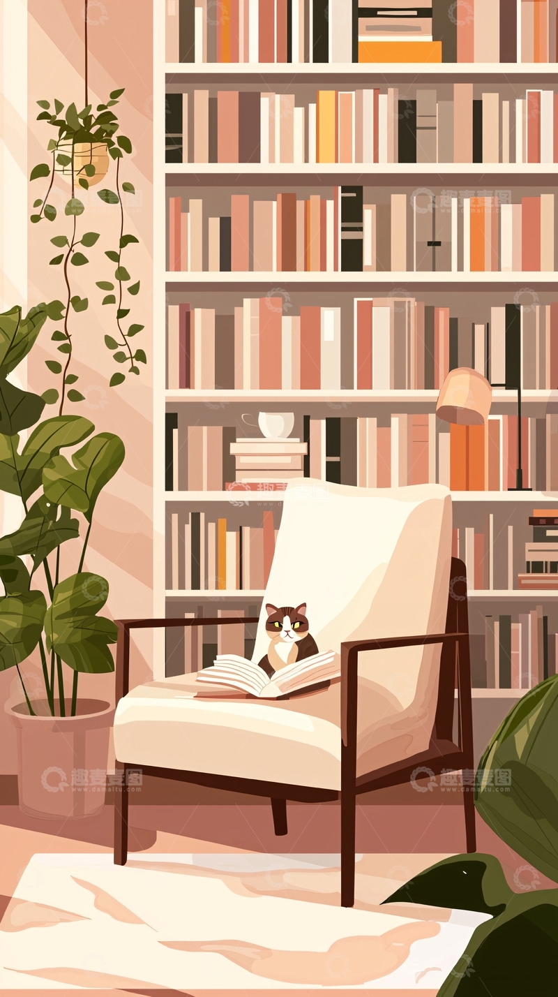 高清大图下载【趣麦麦图】猫咪看书的温馨书房