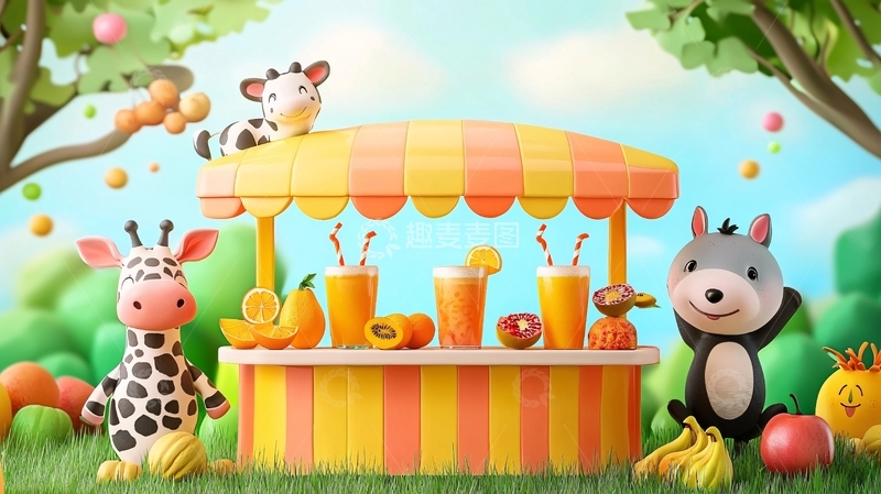 高清大图下载【趣麦麦图】卡通动物果汁摊