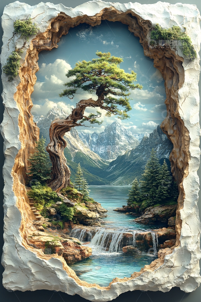 高清大图下载【趣麦麦图】扭曲的树俯瞰湖光山色