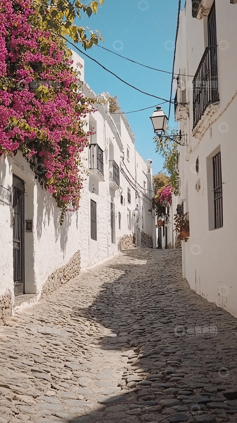 高清大图下载【趣麦麦图】白墙粉花石板路街道
