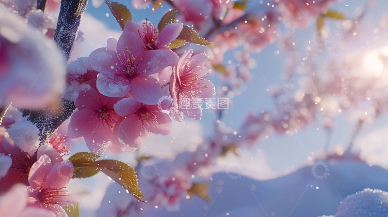高清大图下载【趣麦麦图】雪中粉红樱花