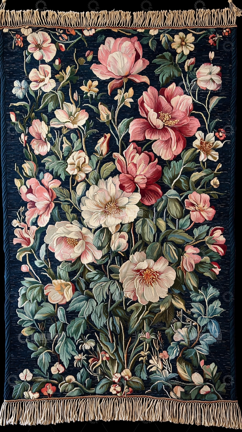 高清大图下载【趣麦麦图】深蓝色背景花卉挂毯