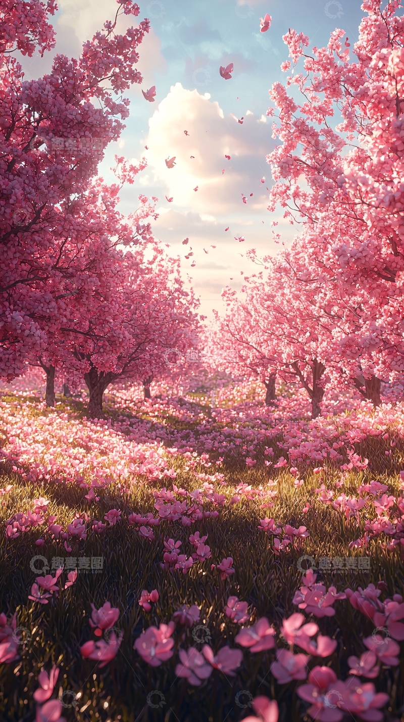 高清大图下载【趣麦麦图】粉红樱花树林梦幻场景