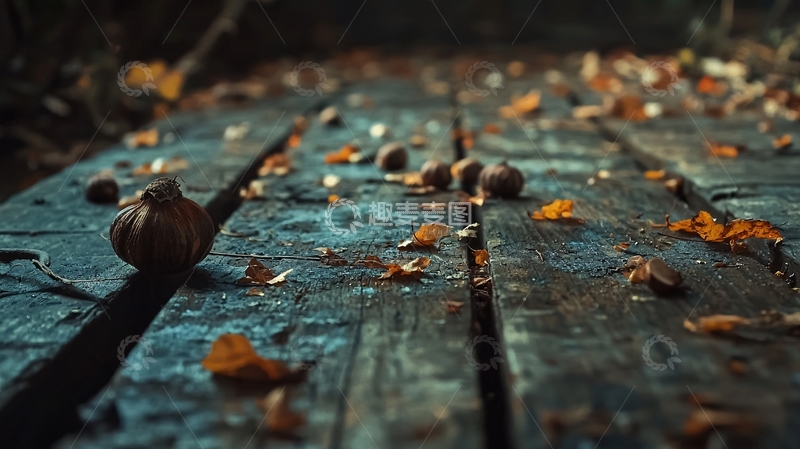 高清大图下载【趣麦麦图】秋叶木板路地面特写