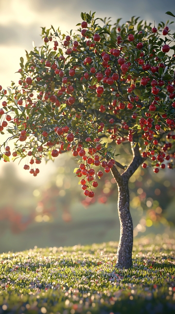 阳光下满载红果的果树