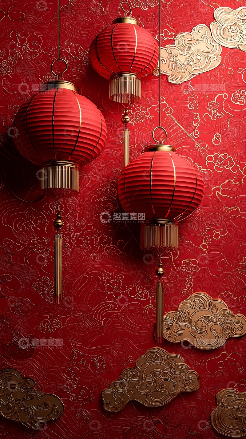 高清大图下载【趣麦麦图】红色灯笼和祥云的喜庆背景