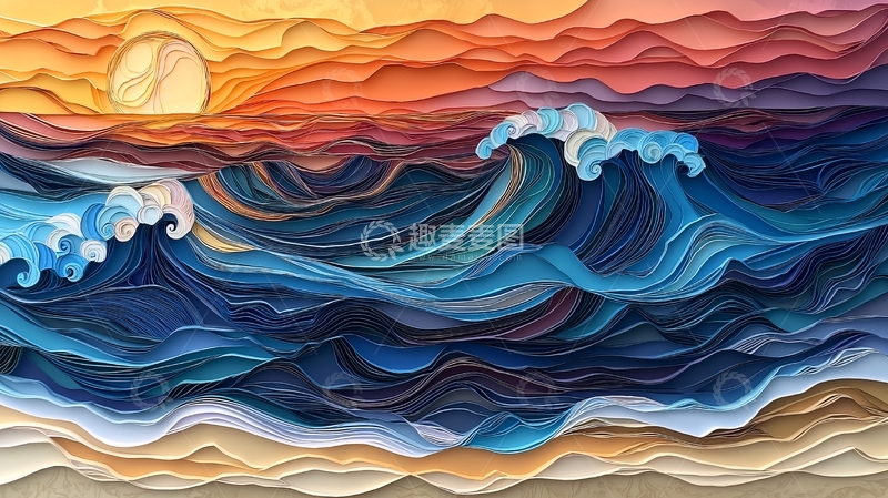 高清大图下载【趣麦麦图】海浪夕阳唯美纸艺画