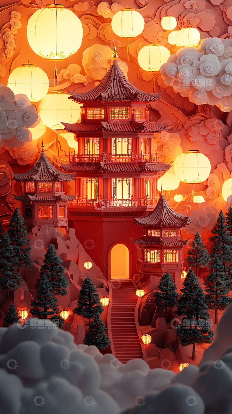 高清大图下载【趣麦麦图】中国风建筑灯笼云朵背景