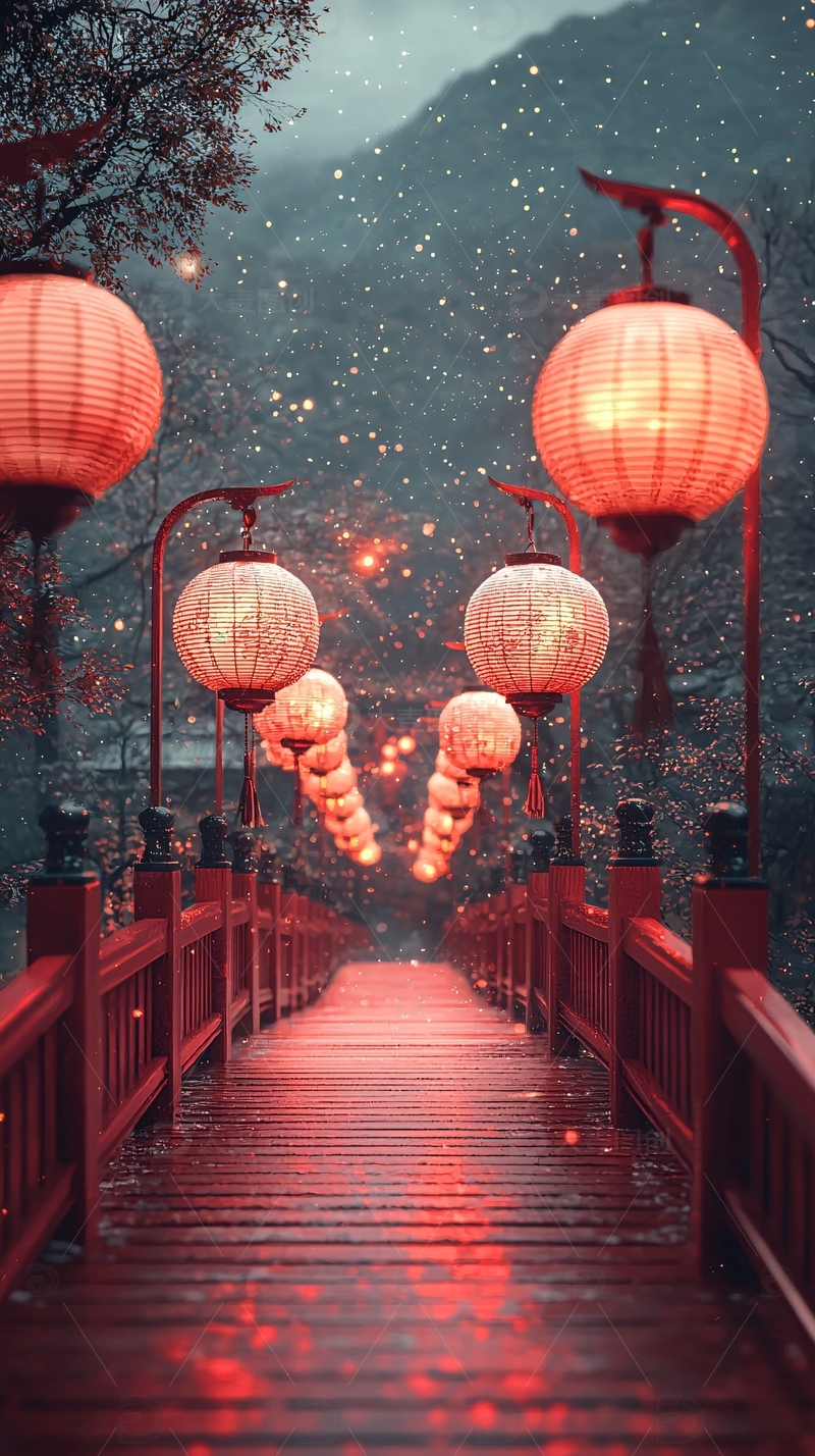 高清大图下载【趣麦麦图】红桥雪景红灯笼
