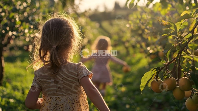 高清大图下载【趣麦麦图】夕阳下奔跑的两个女孩