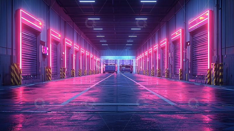 高清大图下载【趣麦麦图】霓虹灯下的仓库走廊