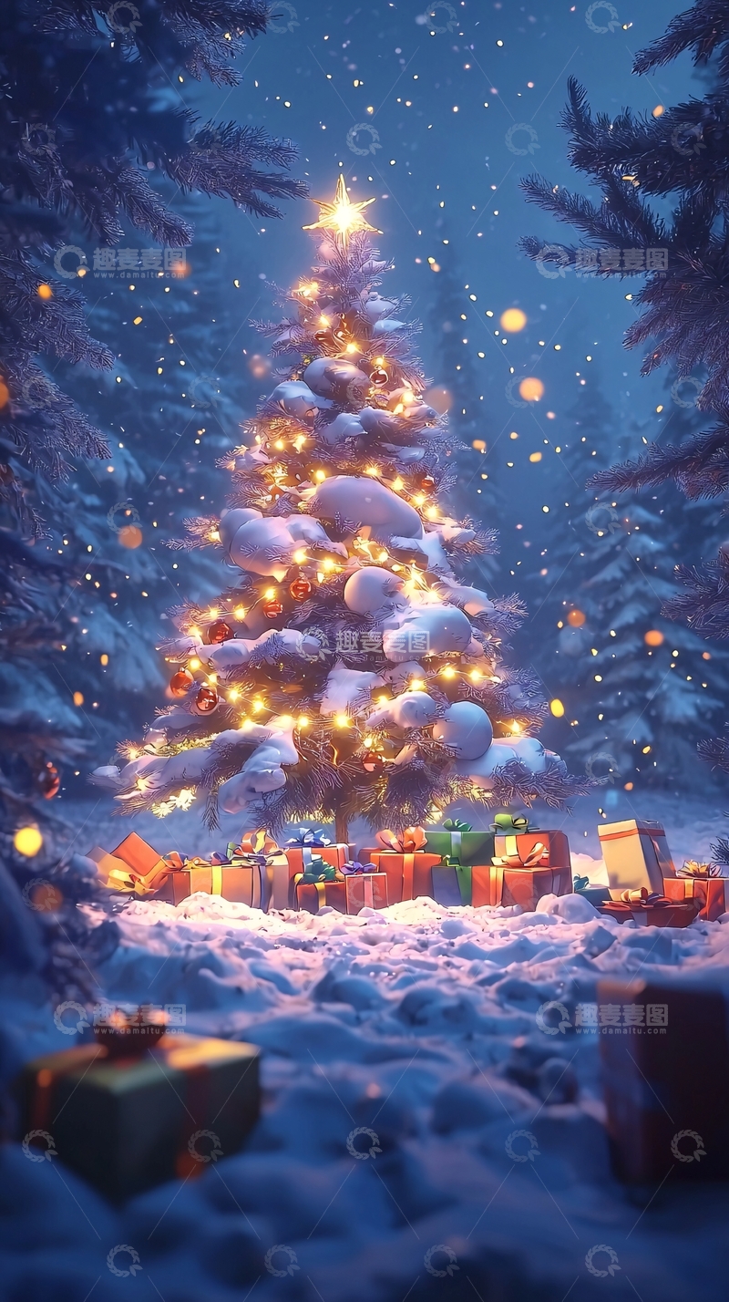 高清大图下载【趣麦麦图】雪夜圣诞树
