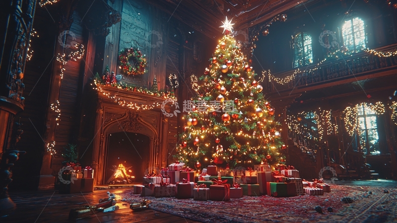 高清大图下载【趣麦麦图】华丽的圣诞树与壁炉