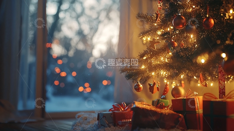 高清大图下载【趣麦麦图】窗边圣诞树温馨夜景