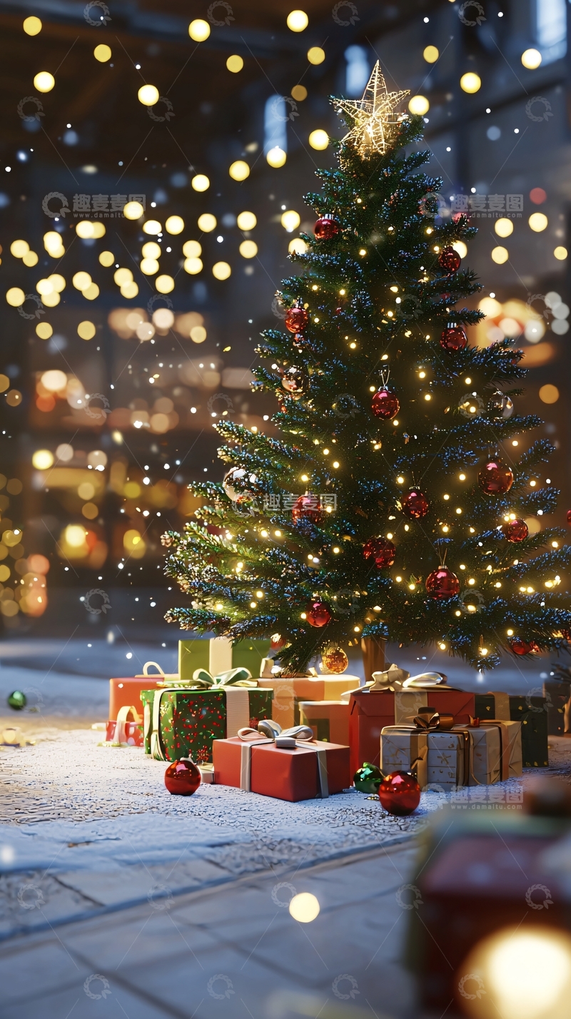 高清大图下载【趣麦麦图】圣诞节雪景下的圣诞树