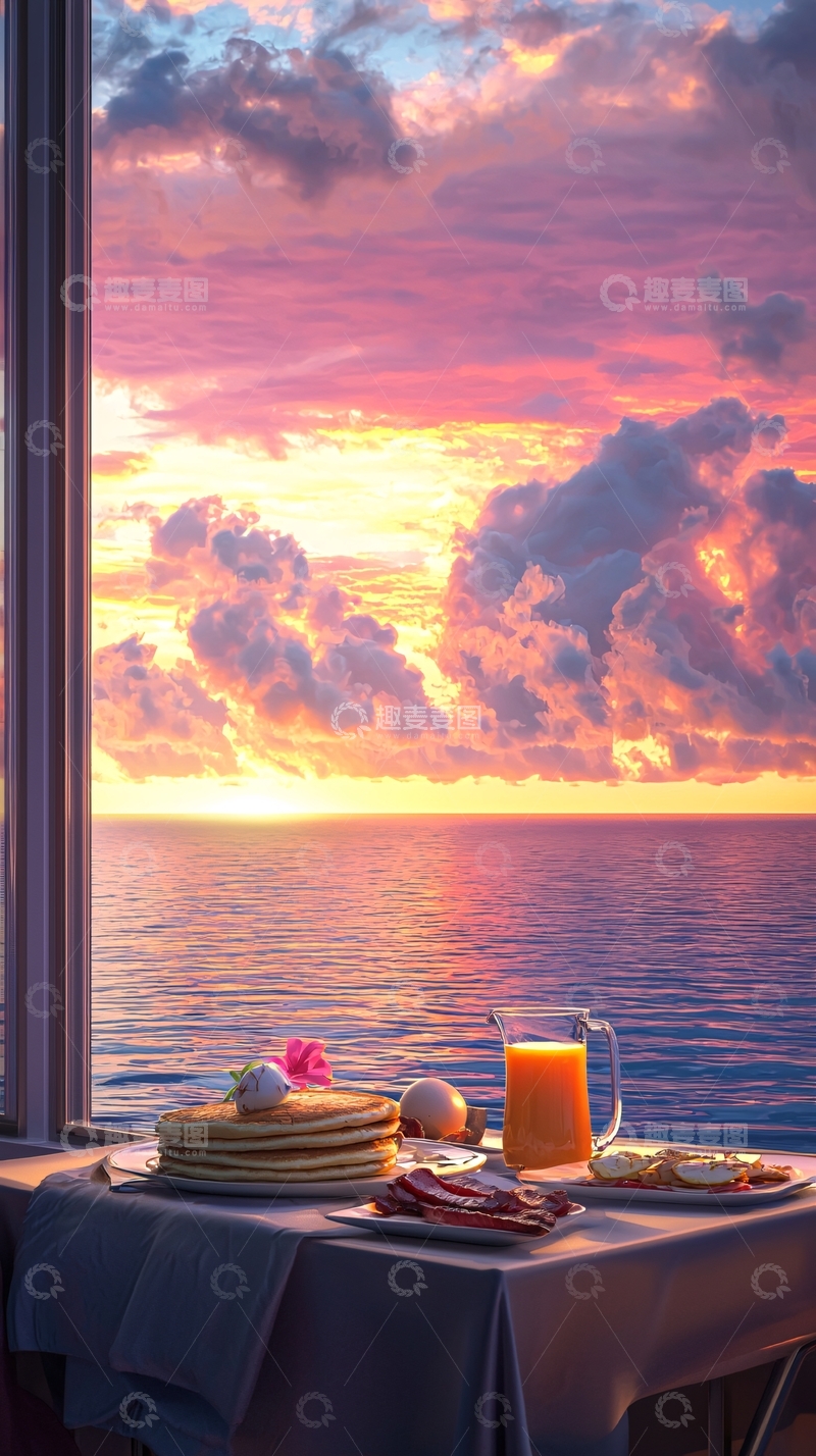 高清大图下载【趣麦麦图】窗边早餐海景日落