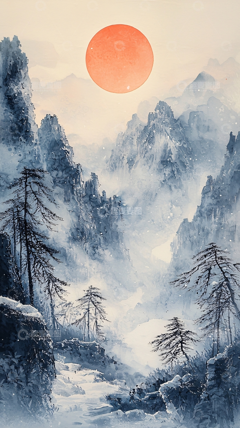 高清大图下载【趣麦麦图】水墨山水日出雪景