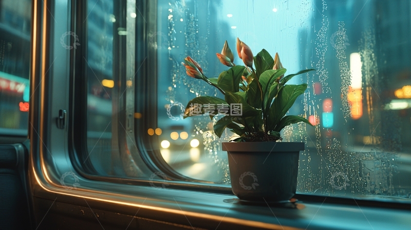 高清大图下载【趣麦麦图】雨中车窗边的小盆栽