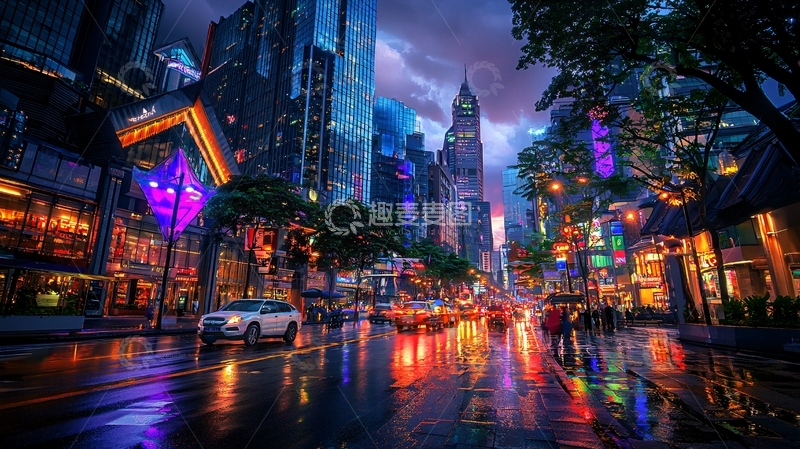 高清大图下载【趣麦麦图】夜晚雨中都市街道