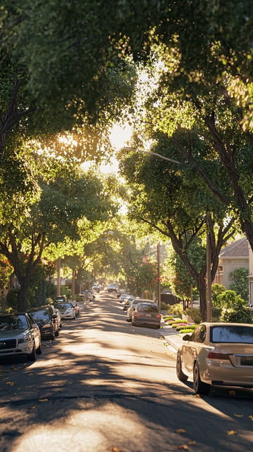 阳光洒满树荫街道