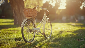 阳光下公园里的白色自行车