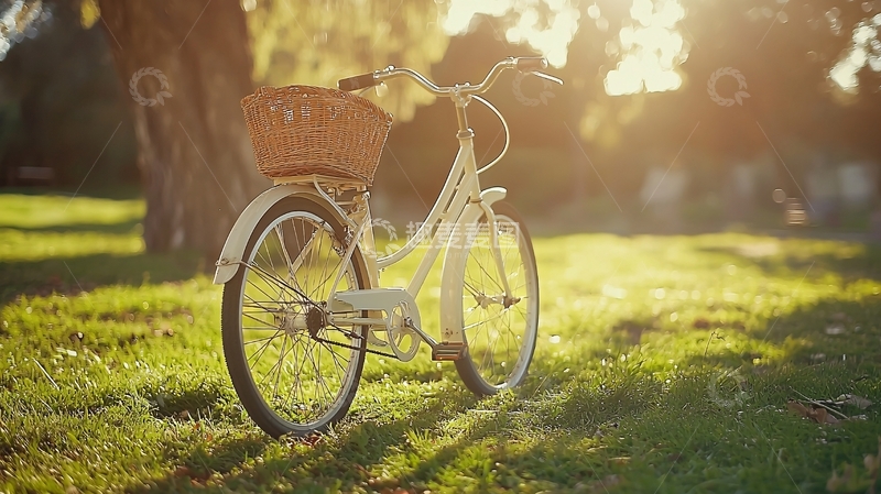 高清大图下载【趣麦麦图】阳光下公园里的白色自行车