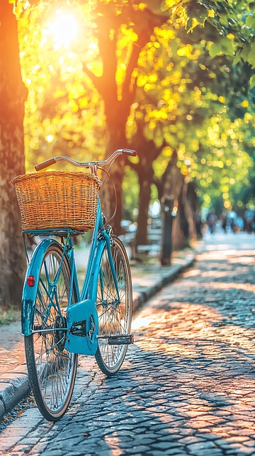 阳光洒在鹅卵石路上的自行车