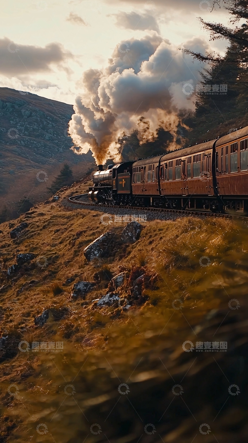 高清大图下载【趣麦麦图】蒸汽火车山间行驶