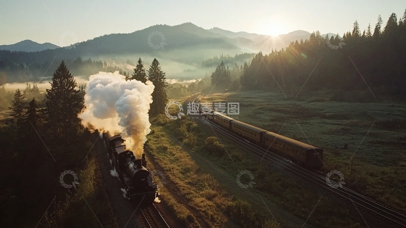 高清大图下载【趣麦麦图】蒸汽火车山峦日出