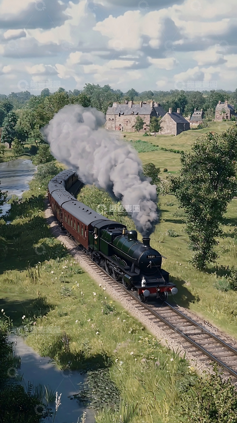 高清大图下载【趣麦麦图】蒸汽火车田园风光