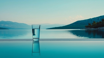 清澈湖水边一杯清水