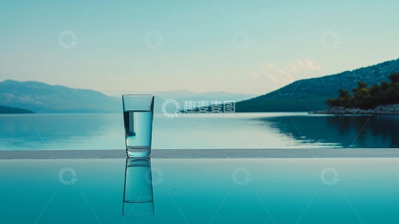 高清大图下载【趣麦麦图】清澈湖水边一杯清水