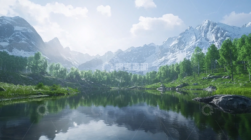 高清大图下载【趣麦麦图】阳光下的雪山湖泊