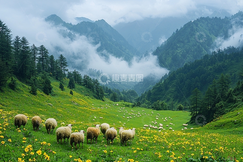高清大图下载【趣麦麦图】山谷中羊群与雾气环绕的绿地
