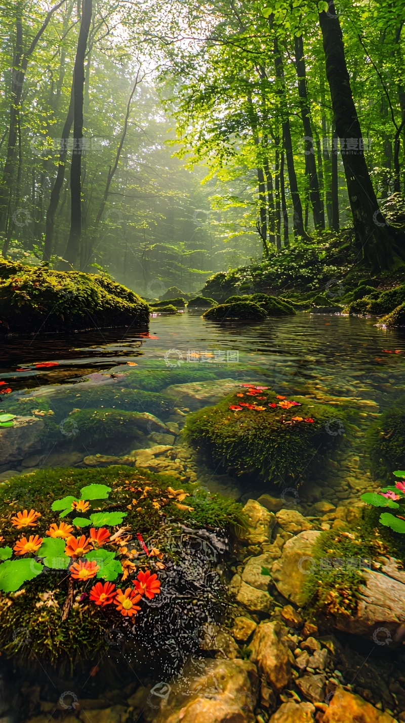 高清大图下载【趣麦麦图】雾气森林溪流