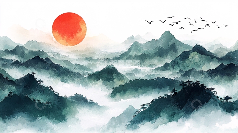 高清大图下载【趣麦麦图】-水墨山水日出飞鸟
