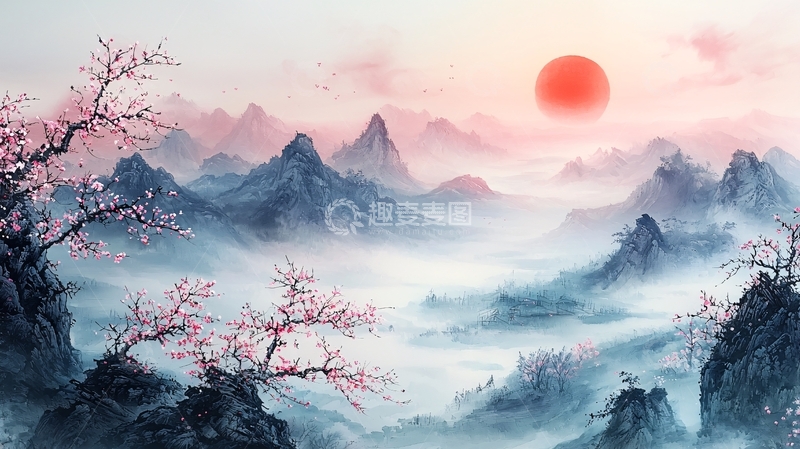 高清大图下载【趣麦麦图】水墨山水日出云海花树唯美意境