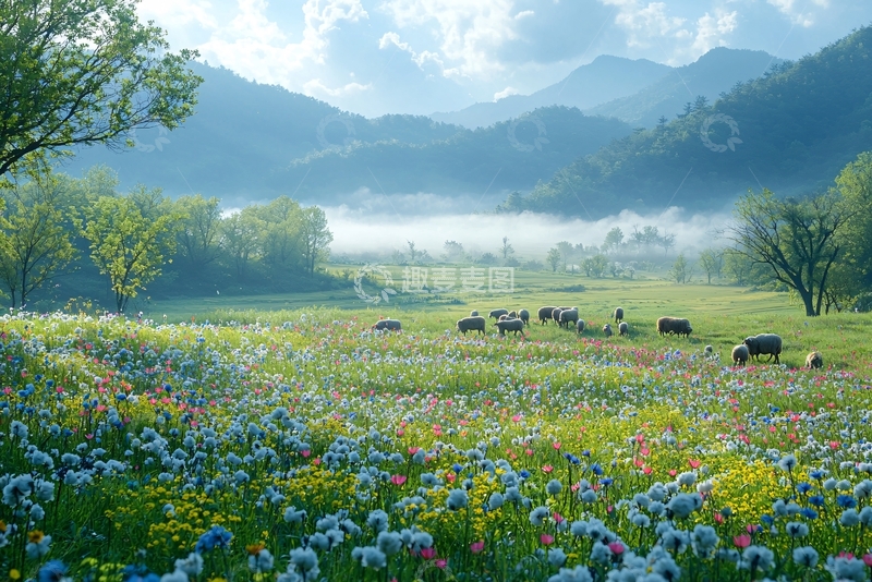 高清大图下载【趣麦麦图】花团簇拥的山间草地