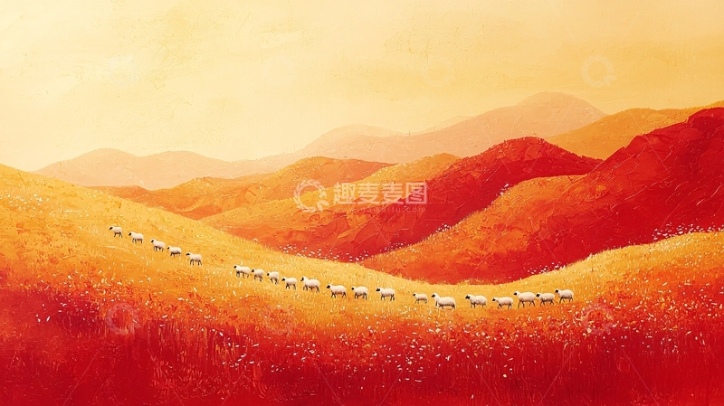 高清大图下载【趣麦麦图】橙色山丘上的绵羊群