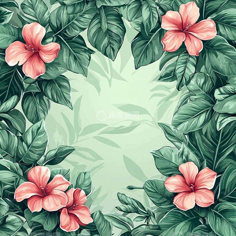 高清大图下载【趣麦麦图】绿叶粉花花边背景