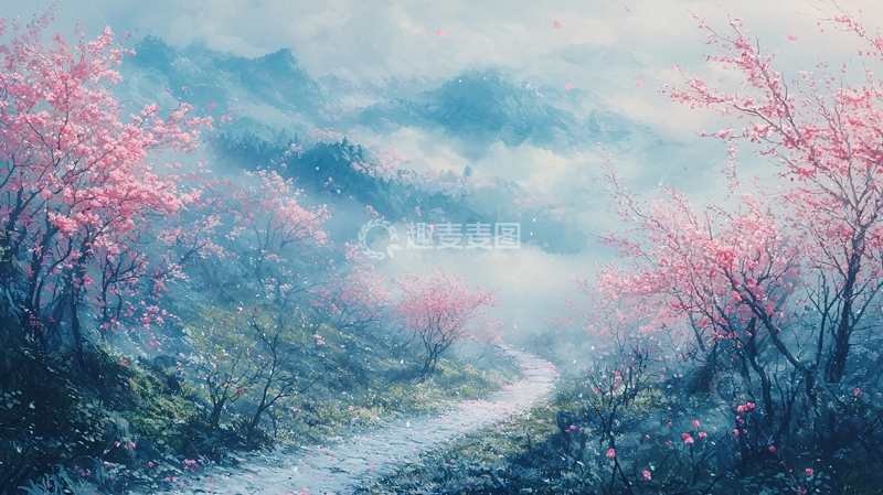 高清大图下载【趣麦麦图】山间小路粉色花树