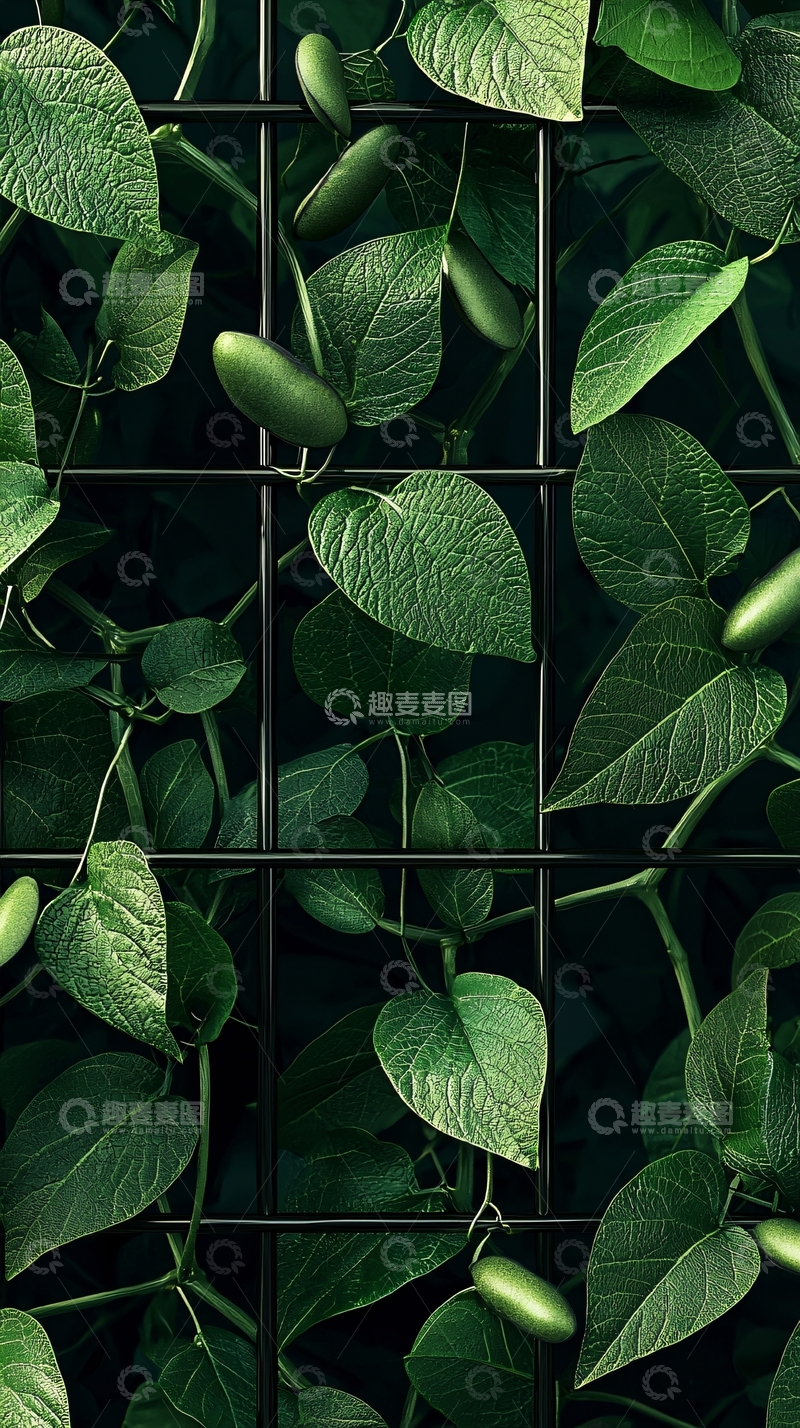 高清大图下载【趣麦麦图】绿叶缠绕黑色金属网格