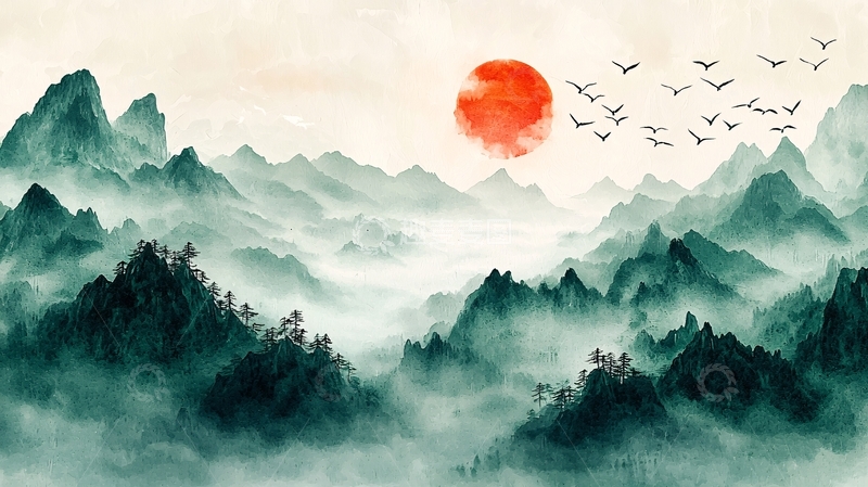 高清大图下载【趣麦麦图】水墨山水日出飞鸟