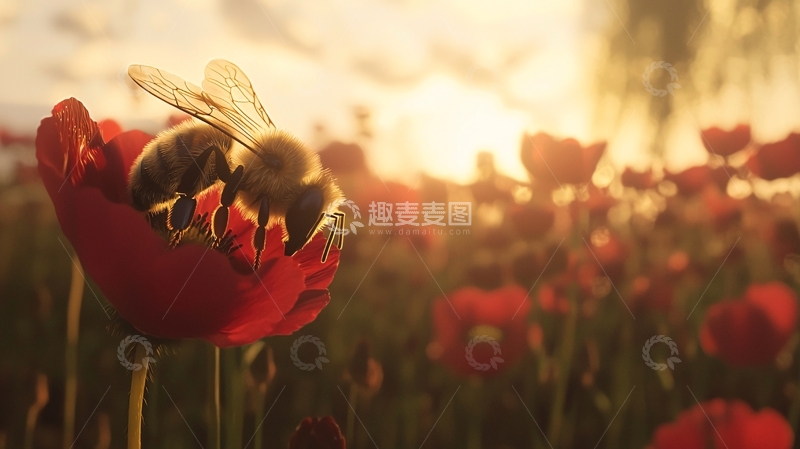 高清大图下载【趣麦麦图】蜜蜂采蜜罂粟花田